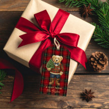 Étiquettes Cadeau Ours en Peluche Noël Plaid Prépa