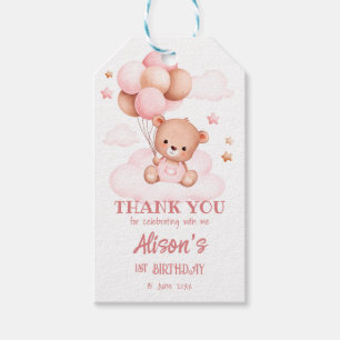 Étiquettes-cadeau Ours en peluche rose avec ballons sur les nuages n