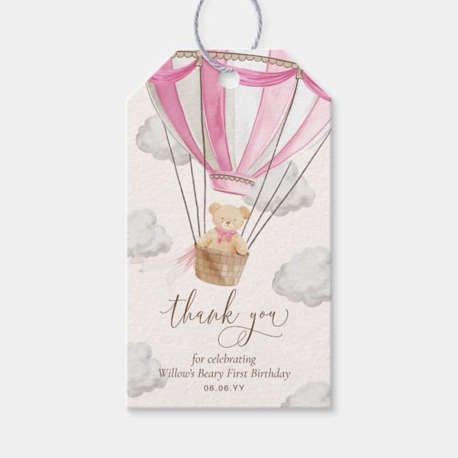 Étiquettes-cadeau Ours en peluche rose Merci Ours d'anniversaire pou (Devant)