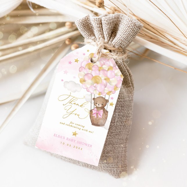 Étiquettes-cadeau Ours en peluche rose Or à air chaud nuages étoiles (Créateur téléchargé)