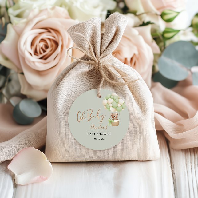 Étiquettes Cadeau Ours en peluche vert neutre Oh bébé ballon bébé (Créateur téléchargé)