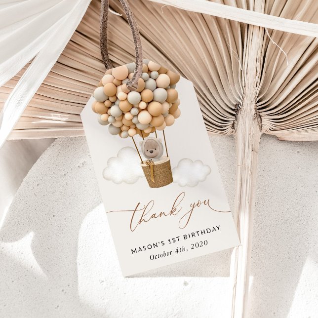 Étiquettes-cadeau Ours mignon, Ballons Beiges, Premier Anniversaire (Créateur téléchargé)