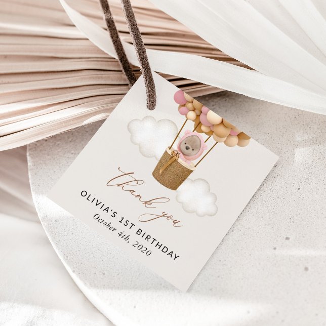 Étiquettes Cadeau Ours mignon, Ballons roses, Premier Anniversaire (Créateur téléchargé)