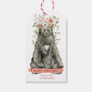Étiquettes-cadeau Ours noir aux fleurs   Joyeux cadeau de Noël
