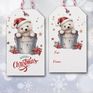 Étiquettes-cadeau Ours polaire mignon dans le seau de Noël