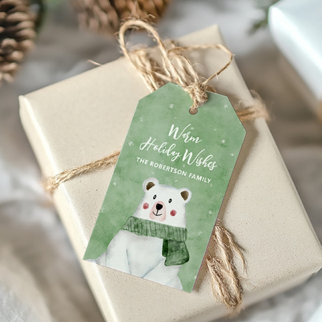 Étiquettes-cadeau Ours Polaire Portant Écharpe Verte Chaleureux Vaca (Créateur téléchargé)
