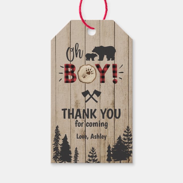 Étiquettes-cadeau Ours Woodland Lumberjack Plaid Boy Baby shower (Devant)