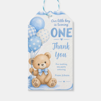 Étiquettes-cadeau Ourson Gingham Bleu Aquarelle 1er Anniversaire