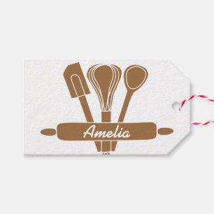 Étiquettes-cadeau Outils de cuisson personnalisés au nom Brown