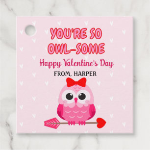 Étiquettes Cadeau Owl Valentines Pink Hearts Tags cadeaux