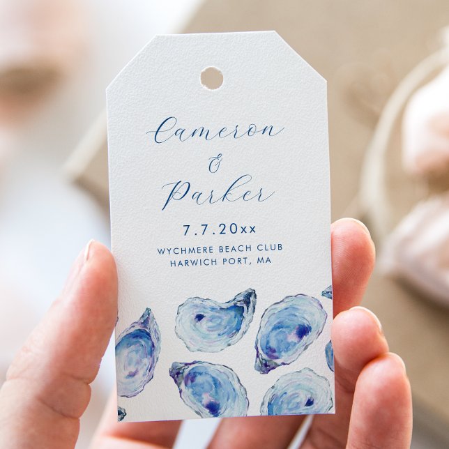 Étiquettes-cadeau Oyster Blue Aquarelle Mariage Faveur (Watercolor oyster shell Wedding Gift Tags Welcome Favor Tags in elegant blue from Concertina Press)