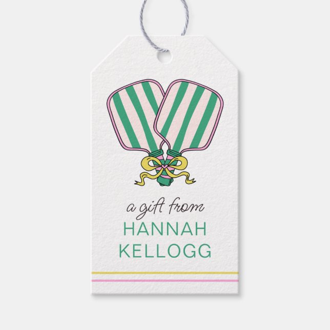 Étiquettes-cadeau Pagaies Pickleball Rose et Jaune (Devant)