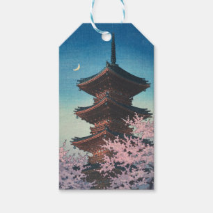 Étiquettes-cadeau Pagode de printemps japonaise vintage sur une soir
