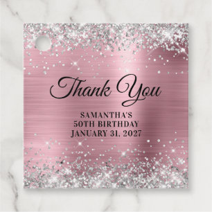 Étiquettes Cadeau Paillettes Argent Monogramme Anniversaire Merci