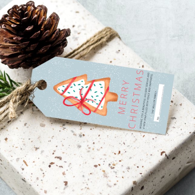 Étiquettes-cadeau Pain de gingembre mignon de style moderne (Modern cute ginger bread Christmas tree blue snow Gift Tags)