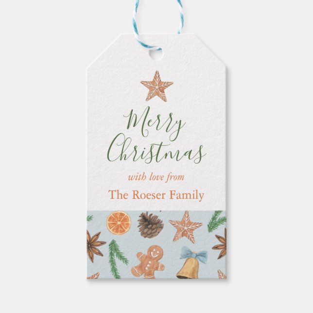 Étiquettes-cadeau Pain d'épices et cloches d'aquarelle (Devant)