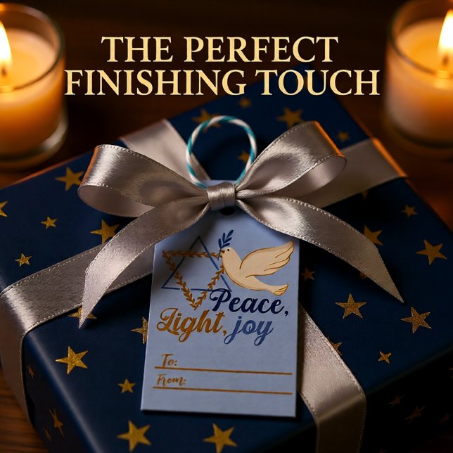 Étiquettes-cadeau Paix, Lumière, Joy Hanoukka (Peace, Light, Joy Hanukkah Blue and Gold Gift Tags)