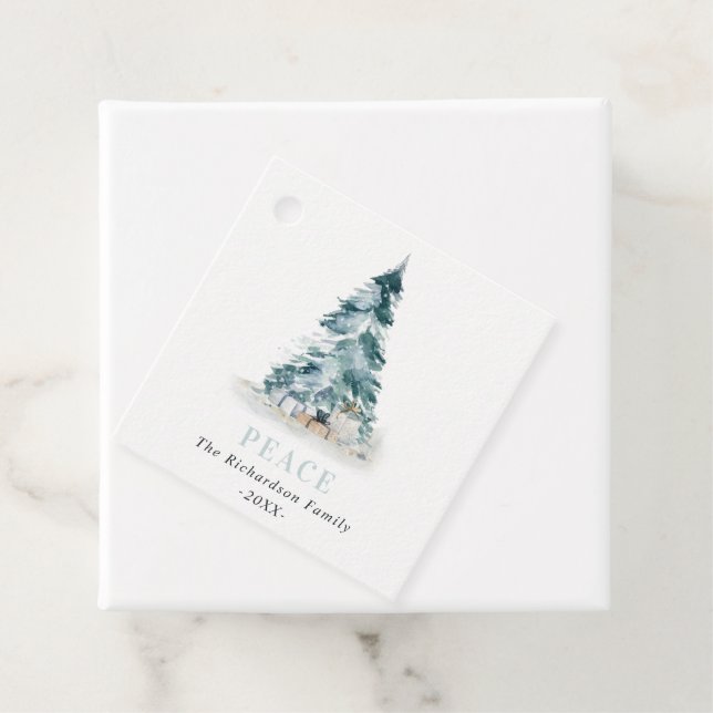 Étiquettes Cadeau Paix Neige Aquarelle Pine Noël Arbre Cadeaux (En situation)