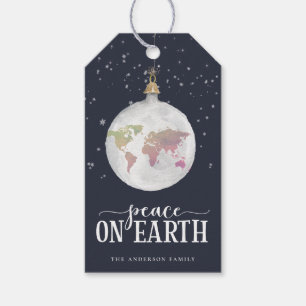 Étiquettes-cadeau Paix sur Terre Globe Ornement Blue Holiday