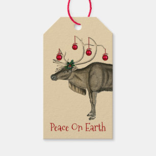 Étiquettes-cadeau Paix vintage de renne de Noël sur terre