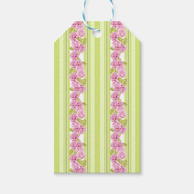 ÉTIQUETTES-CADEAU PÂLE LIME VERT STRIPES & DÉLICATES FLEURS ROSES (Devant)