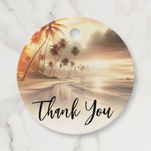 Étiquettes Cadeau Palm Trees Plage côtière Océan Sunrise Mariage (Devant)