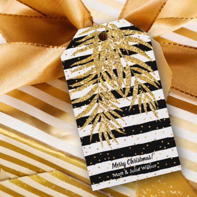 Étiquettes-cadeau Palme d'or sur bandes noires et blanches (Créateur téléchargé)