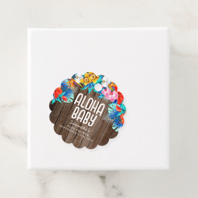 Étiquettes Cadeau Palme Tropique Rustique Feuilles Aloha Baby shower (En situation)