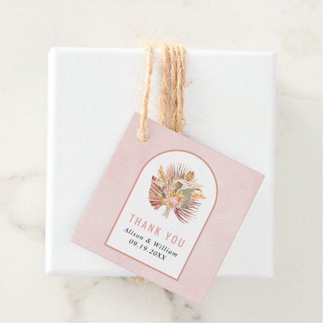 Étiquettes Cadeau Palmiers, pampas herbe douce Merci rose mariage (En situation)