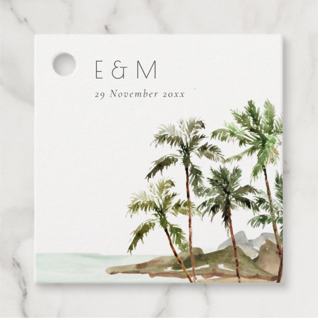 Étiquettes Cadeau Palmiers tropicaux Mariage de sable de plage Monog (Devant)