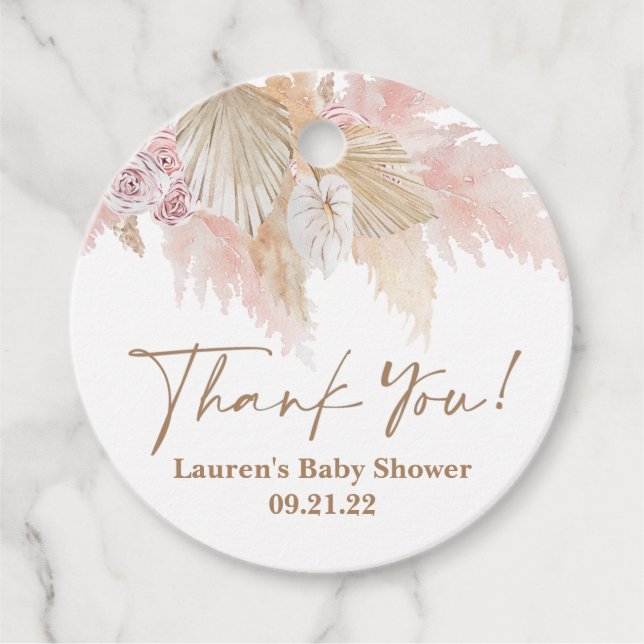 Étiquettes Cadeau Pampas Baby shower rose herbe Favoriser les étique (Devant)