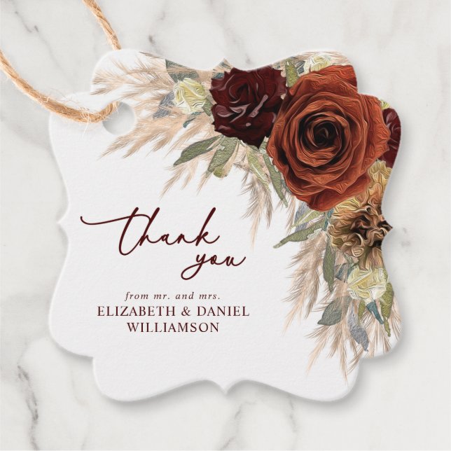 Étiquettes Cadeau Pampas Florale Rustique or Mariage de laiton Merci (Devant)
