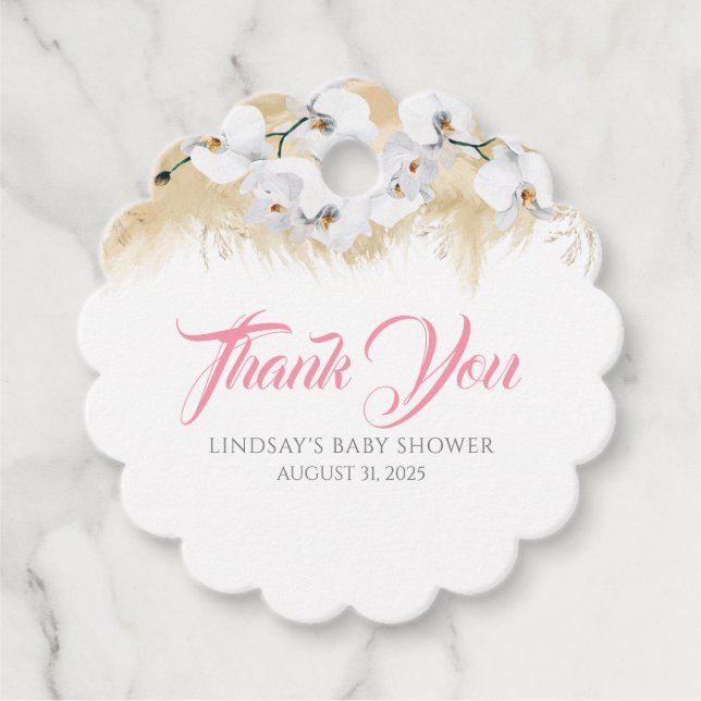 Étiquettes Cadeau Pampas Grass Blanc Orchidées Baby shower Merci (Devant)