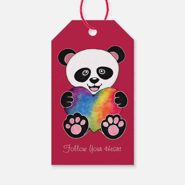Étiquettes-cadeau Panda Aquarelle Cute Avec Coeur Arc En Ciel (Devant)