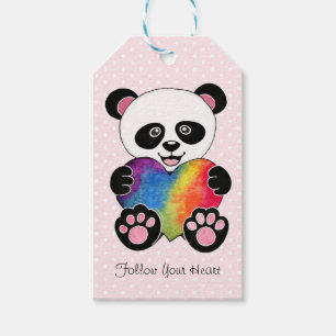Étiquettes-cadeau Panda Aquarelle Cute Avec Coeur Arc En Ciel