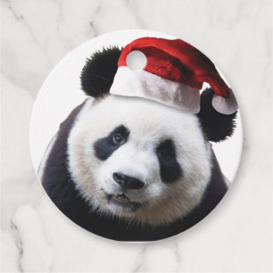 Étiquettes Cadeau Panda de Noël avec chapeau de Père Noël