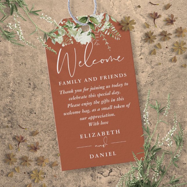 Étiquettes-cadeau Panier de bienvenue en terre cuite verte Favoriser (Greenery Terracotta Favor Welcome Basket Bag Gift Tags)