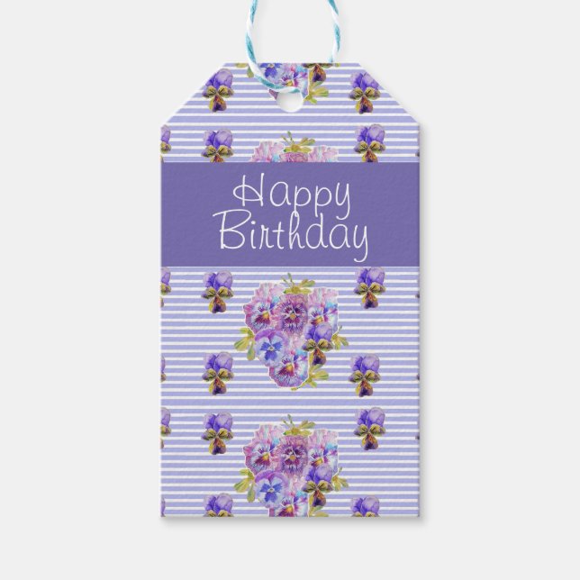Étiquettes-cadeau Pansy Flower Purple Stripe floral Joyeux anniversa (Devant)