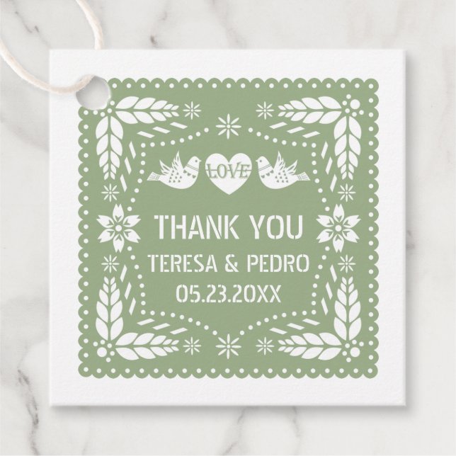 Étiquettes Cadeau Pape vert Sage picado inséparables mariage (Devant)