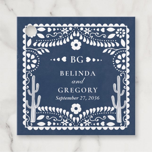 Étiquettes Cadeau Papel Picado Boda Mexican Rustic Blue Wedding (Devant)