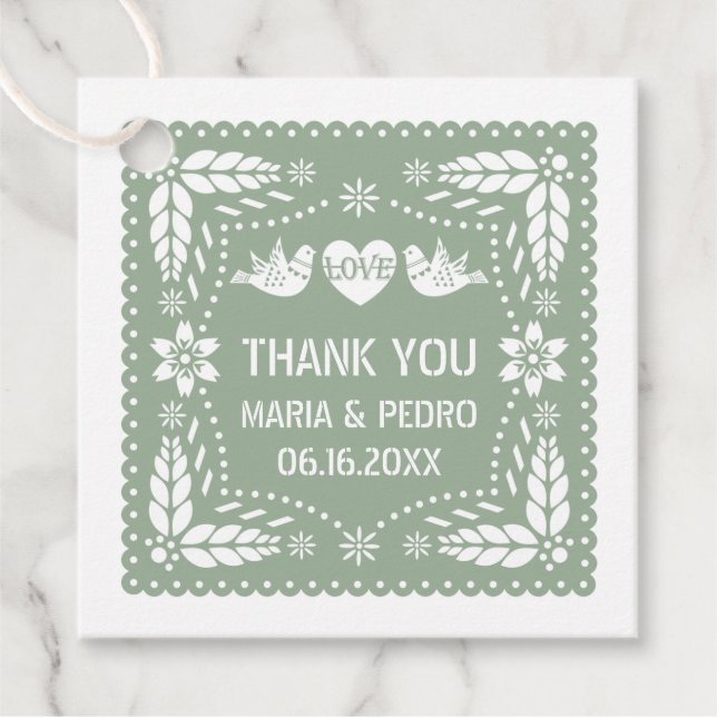 Étiquettes Cadeau Papel picado inséparables sauge vert mariage fiest (Devant)
