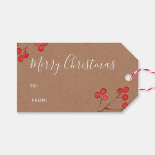 Étiquettes-cadeau Papier Kraft blanc "Joyeux Noël" et baies