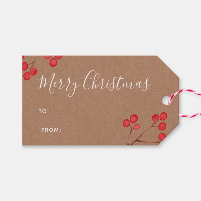 Étiquettes-cadeau Papier Kraft blanc "Joyeux Noël" et baies (Devant (Horizontal))