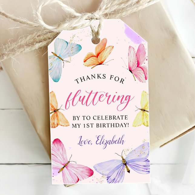 Étiquettes-cadeau Papillon Aquarelle 1er Anniversaire  (Créateur téléchargé)
