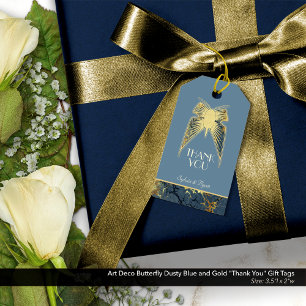Étiquettes-cadeau Papillon Art déco Bleu Or "Merci"
