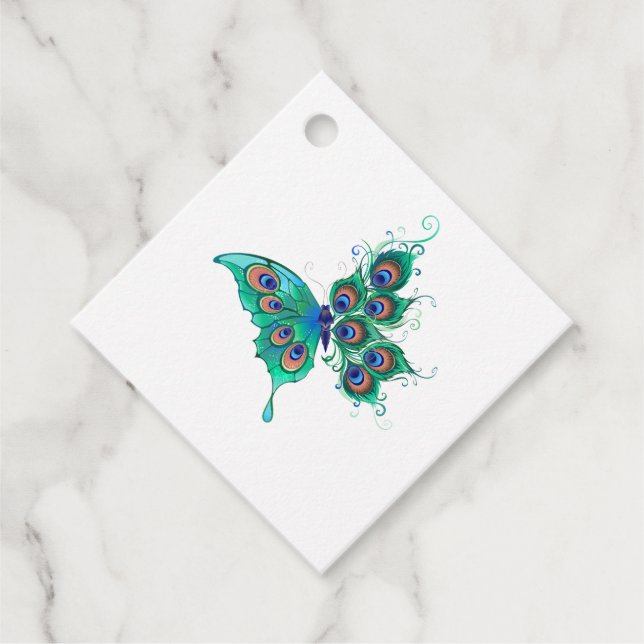 Étiquettes Cadeau Papillon aux plumes de paon vert (Devant)