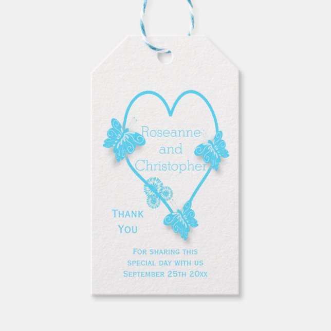 Étiquettes-cadeau Papillon bleu couleur Mariage de conception cardia (Devant)