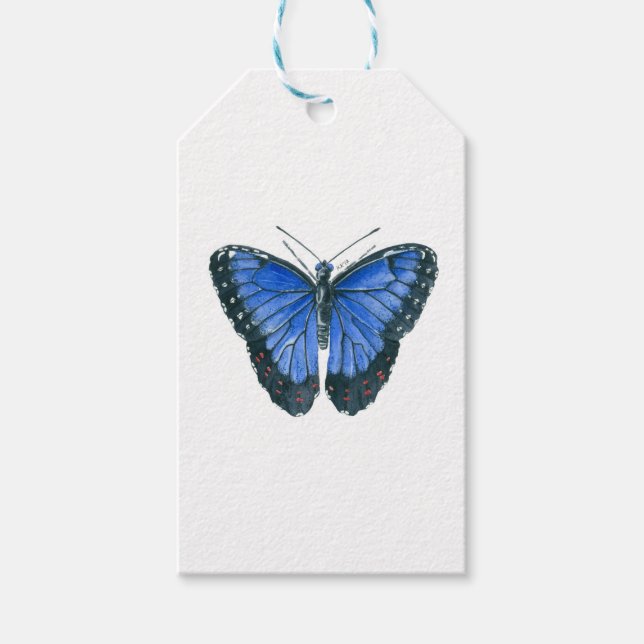 Étiquettes-cadeau Papillon bleu Morpho aquarelle peinture (Devant)