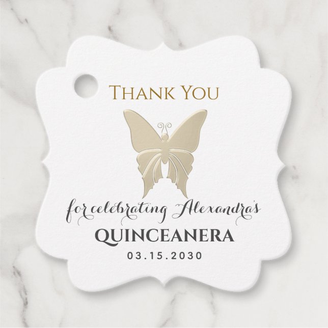 Étiquettes Cadeau Papillon Doré Quinceañera (Devant)