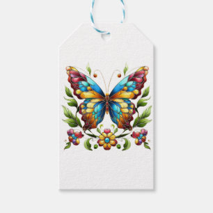 Étiquettes-cadeau Papillon en vitrail coloré avec fleurs